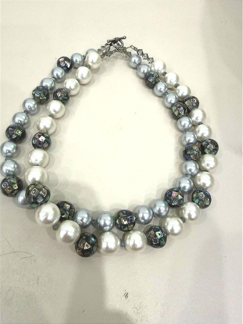 Multi-Strand Faux Pearl Beaded Necklace with Abalone-Style Accent Beads 17"